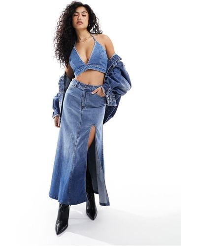 Bardot Denim Maxi Skirt With Split - Blue