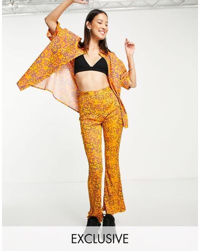 Collusion Plisse Abstract Floral Print Flare Pants Co-ord - Orange