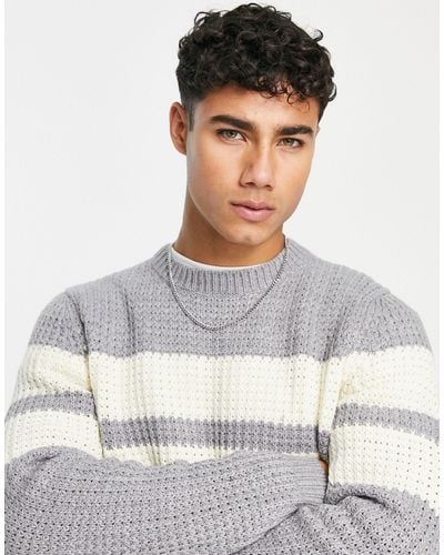 Only & Sons Chunky Textured Knitted Sweater With Contrast Stripe - Gray