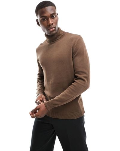ASOS Midweight Knitted Cotton Roll Neck Jumper - Brown