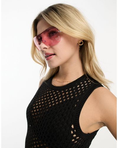 Monki Oversized Visor Sheild Sunglasses With Butterfly Rhinestone - Black