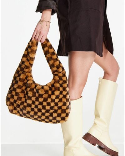 TOPSHOP Checkerboard Fur Shoulder Bag - Brown