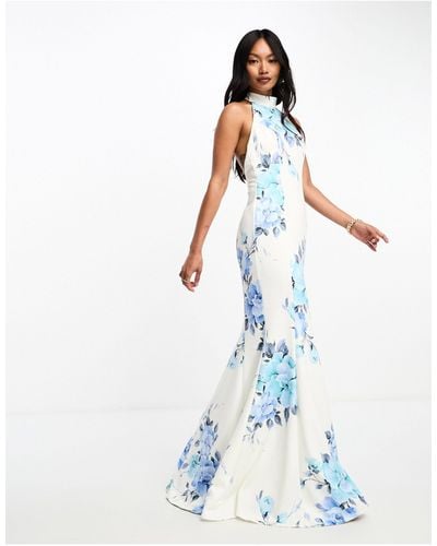 True Violet Vestido largo blanco con estampado floral azul y cuello alto