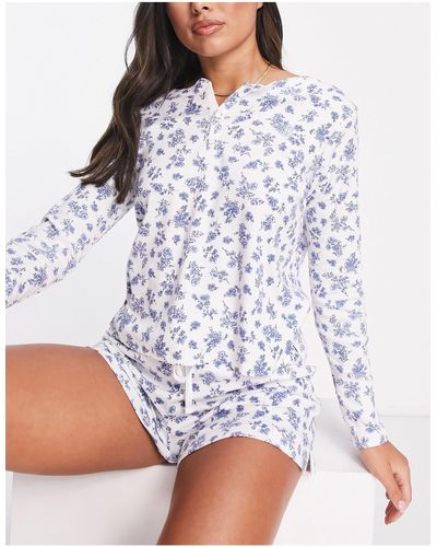 Lauren by Ralph Lauren Ensemble pyjama confort avec top à col boutonné et short - fleuri - Blanc