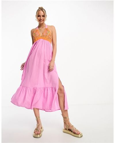 Vero Moda Embroidered Bodice Maxi Dress - Pink