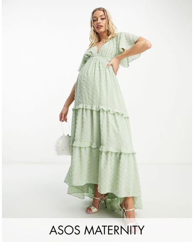 ASOS Asos Design Maternity Angel Sleeve Plunge Textured Tiered Maxi Dress With Cut Out And Rouleux Detail - Green