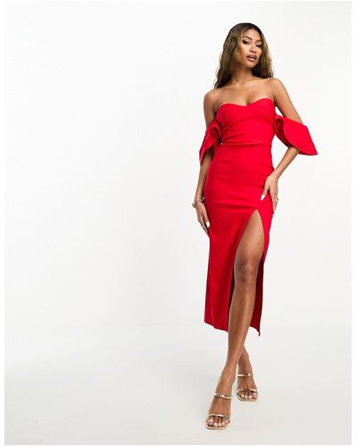Vesper Vestido midi rojo luminoso ajustado con escote corazón, volante en las mangas y abertura al muslo