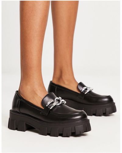Glamorous Chunky Loafers With Silver Chain - Black