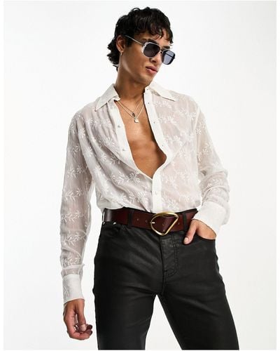 ASOS Longline Sheer Embroidered Shirt With 70s Collar - Black