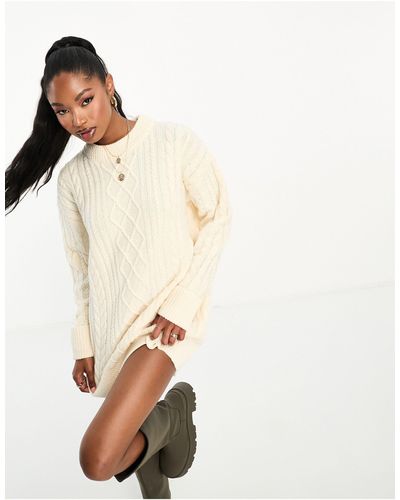 Aria Cove Cable Knit Longline Jumper With Wide Sleeves - Natural
