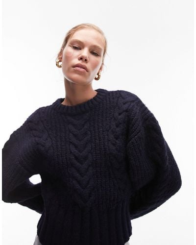 TOPSHOP Knitted Premium Cable Ovoid Sleeve Jumper - Blue