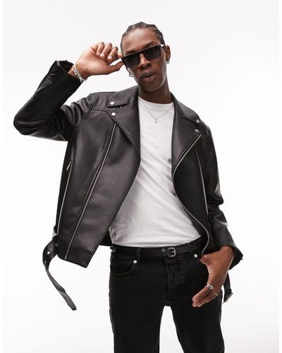 TOPMAN Faux Leather Belted Moto Jacket - Black