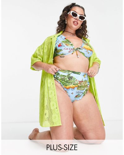 Reclaimed (vintage) Inspired plus - slip bikini a vita alta con stampa rétro stile cartolina - multi - Verde