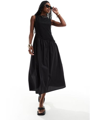 ASOS Ribbed Tank Maxi Dress With Poplin Skirt And Asymeticatic Waist Seam - Black