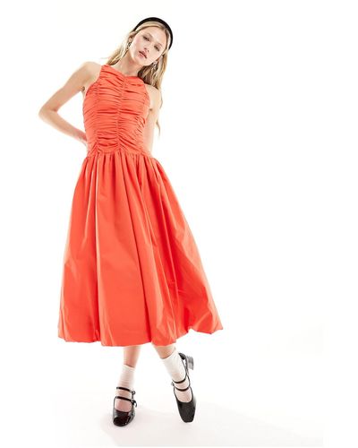 Amy Lynn Vestido midi naranja rojizo utilitario con volantes y falda abullonada elodie - Rojo