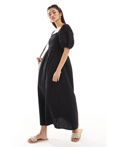 New Look Shirred Waist Broderie Detail Dress - Black