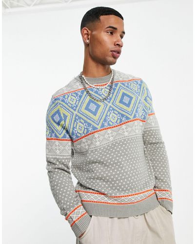 ASOS Knitted Christmas Jumper With Fair Isle Design - Blue