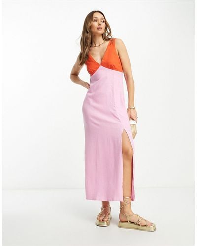ASOS Linen V Neck Maxi Slip Sundress - Pink