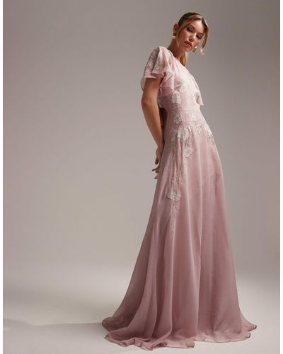 ASOS Bridesmaid Angel Sleeve Maxi Dress With Floral Applique - Pink