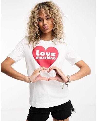 Love Moschino T-shirt bianca con logo a cuore - Rosa