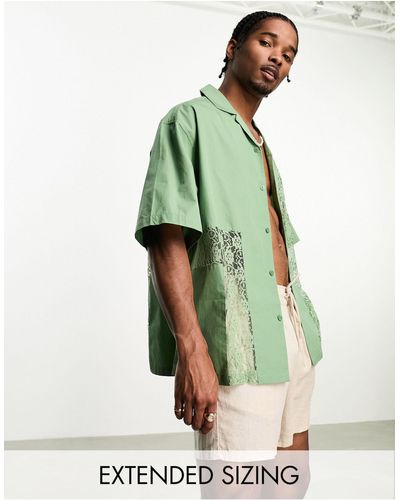 ASOS Boxy Oversized Revere Poplin Shirt With Lace Inserts - Green