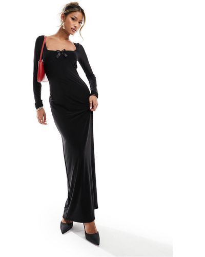Fashionkilla Vestito lungo sinuoso con scollo squadrato arricciato con fiocco - Nero