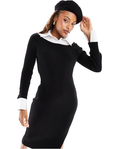 ASOS Knitted Midi Dress With Shirt Collar - Black