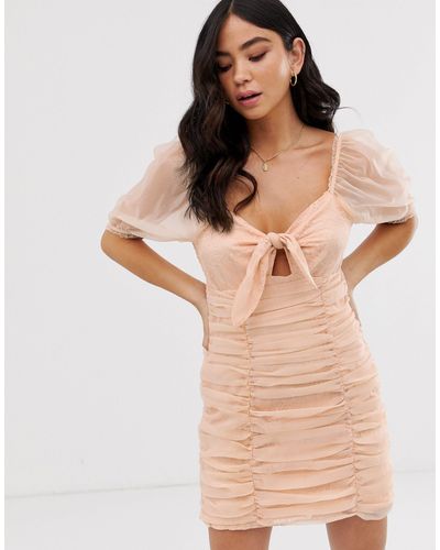 Skylar Rose Mini Dress With Balloon Sleeves And Bunny Ties - Pink