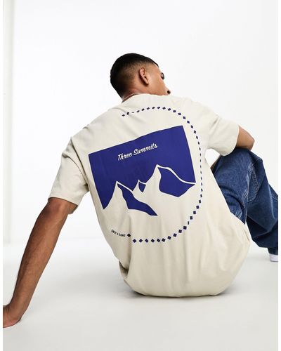 Only & Sons Oversized T-shirt Met Bergtopprint Op - Blauw