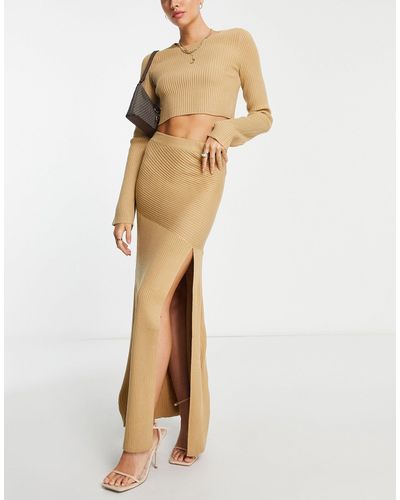 Pretty Lavish Knitted Thigh Split Midaxi Skirt Co-ord - Natural