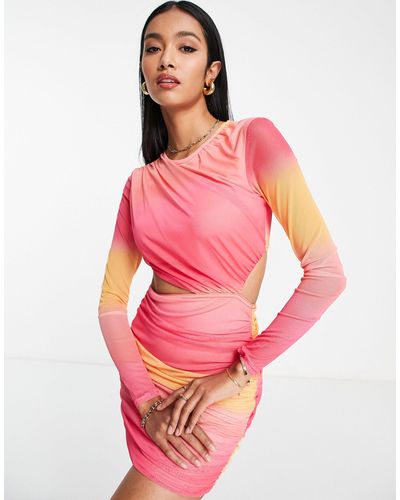 ASOS – langärmliges netzstoff-minikleid mit zierausschnitt und ombré-muster - Pink
