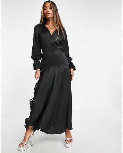 Flounce London Satin Long Sleeve Maxi Dress - Black