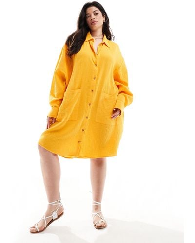 ASOS Asos Design Curve Double Cloth Oversized Shirt Dress With Dropped Pockets - Yellow