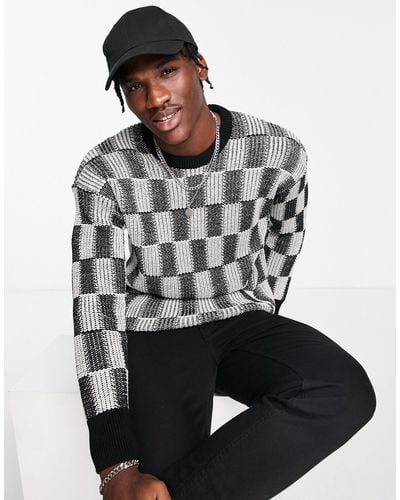 New Look Relaxed Fit Checkerboard Jumper - Grey