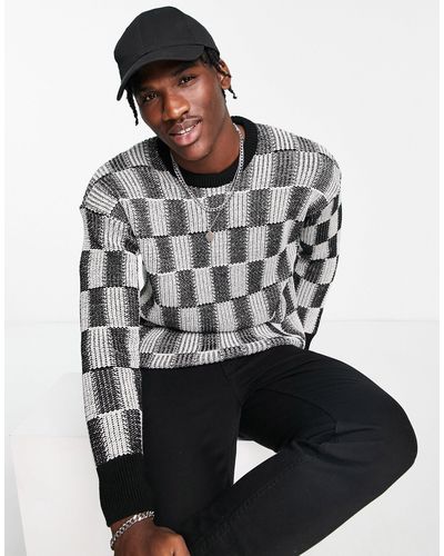New Look Relaxed Fit Checkerboard Sweater - Gray