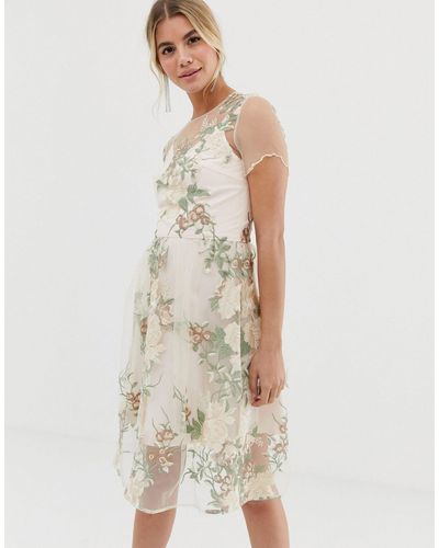 Chi Chi London Embroidered Midi Dress With Sheer Overlay In Pink - Natural