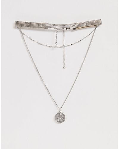 Missguided Rhinestone Coin Triple Layered Necklace - White
