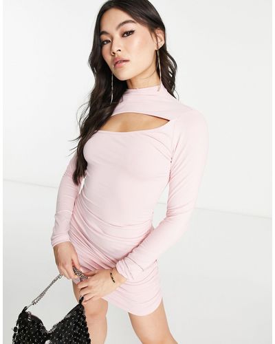 SIMMI Simmi Slash Neck Ruched Mini Bodycon Dress - Pink