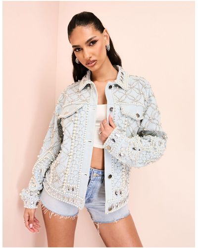 ASOS Premium Embellished Denim Jacket With Encrusted Diamante And Pearl Detail - Multicolor