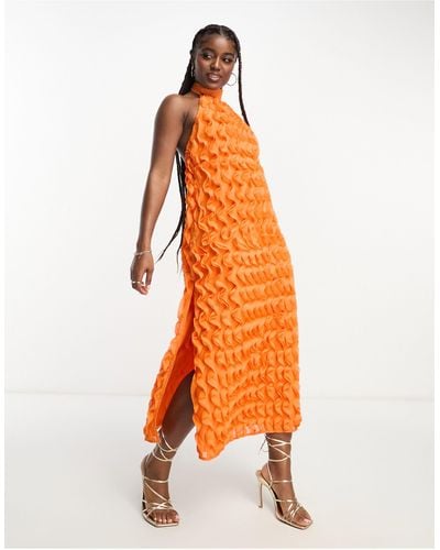 Miss Selfridge Textured Ruffle Occasion Halter Maxi Dress - Orange