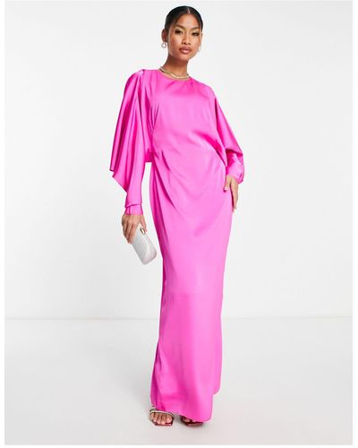ASOS Satijnen Maxi-jurk Met Vleermuismouwen En Gedrapeerde V-rug - Roze
