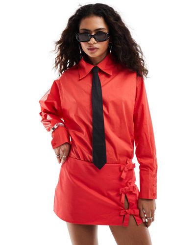 Lioness Shirt With Black Tie Co-ord - Red