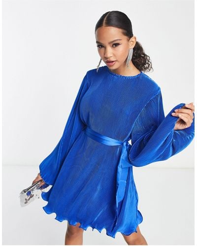 In The Style Pleated Sleeve Volume Swing Dress With Belt Detail - Blue