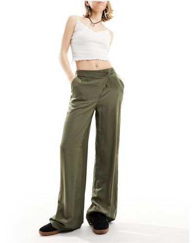 Noisy May Wide Leg Satin Trousers With Asymmetric Waistband - Green