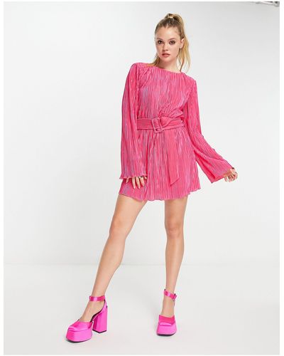 NA-KD Plisse Belted Mini Dress - Pink