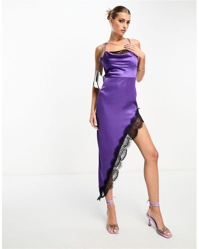 Naanaa Satin Cowl Neck Midi Dress With Asymmetric Lace Hem - Purple