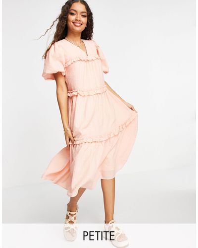 Y.A.S Petite Crepe Tiered Puff Sleeve Midi Dress - Pink