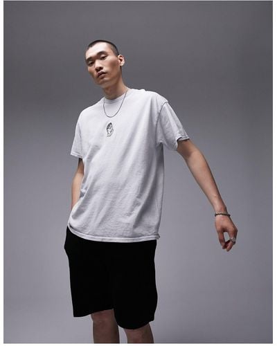 TOPMAN Oversized Fit T-shirt With Face Embroidery - Grey