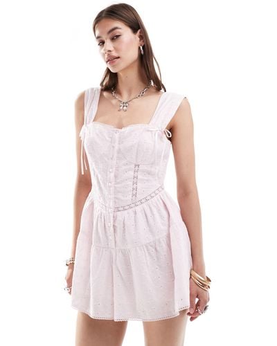 Reclaimed (vintage) Washed Western Broderie Button Front Playsuit With Bows - Purple