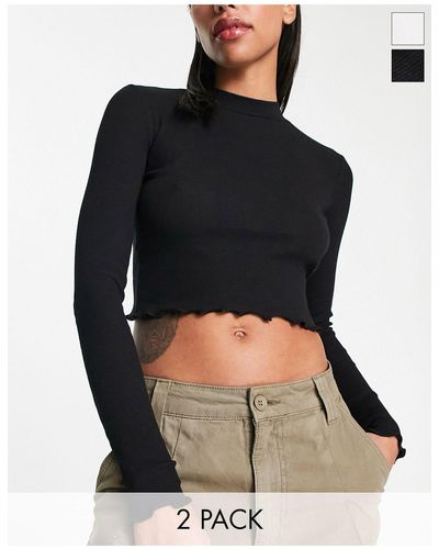 Pull&Bear Set Van 2 Hoogsluitende Crop Tops Met Lange Mouwen - Zwart